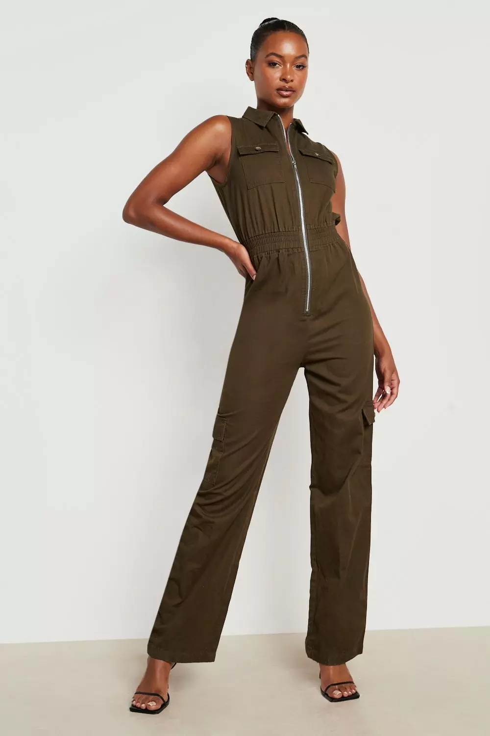Olive green denim jumpsuit sales